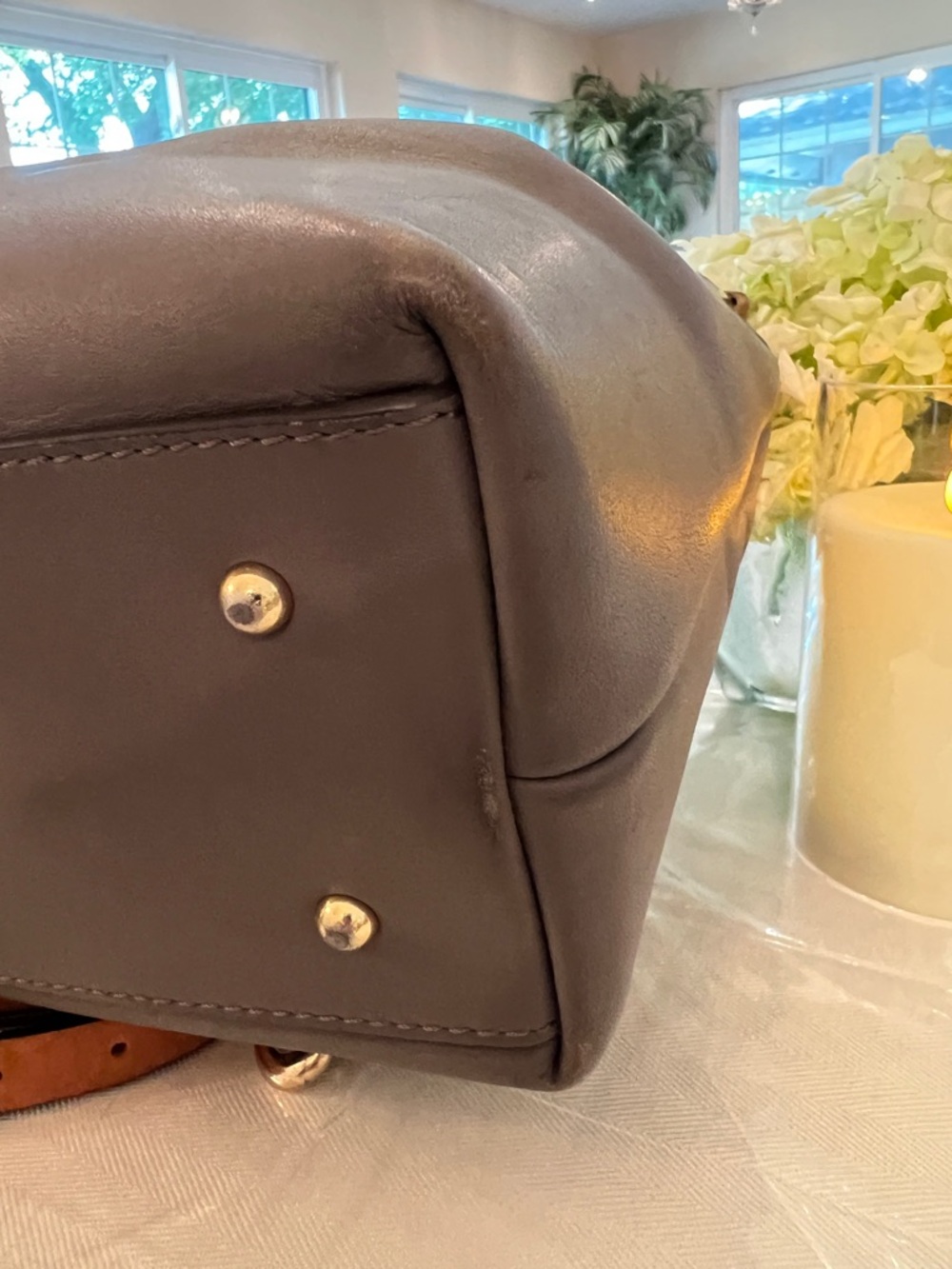 Dooney & Bourke Taupe Leather Satchel with Tan Handles & Crossbody Strap - Picture 4 of 6